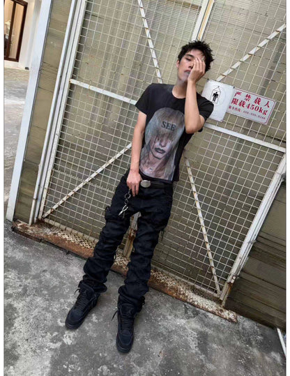 Wrinkled Washed Straight-Leg Jeans