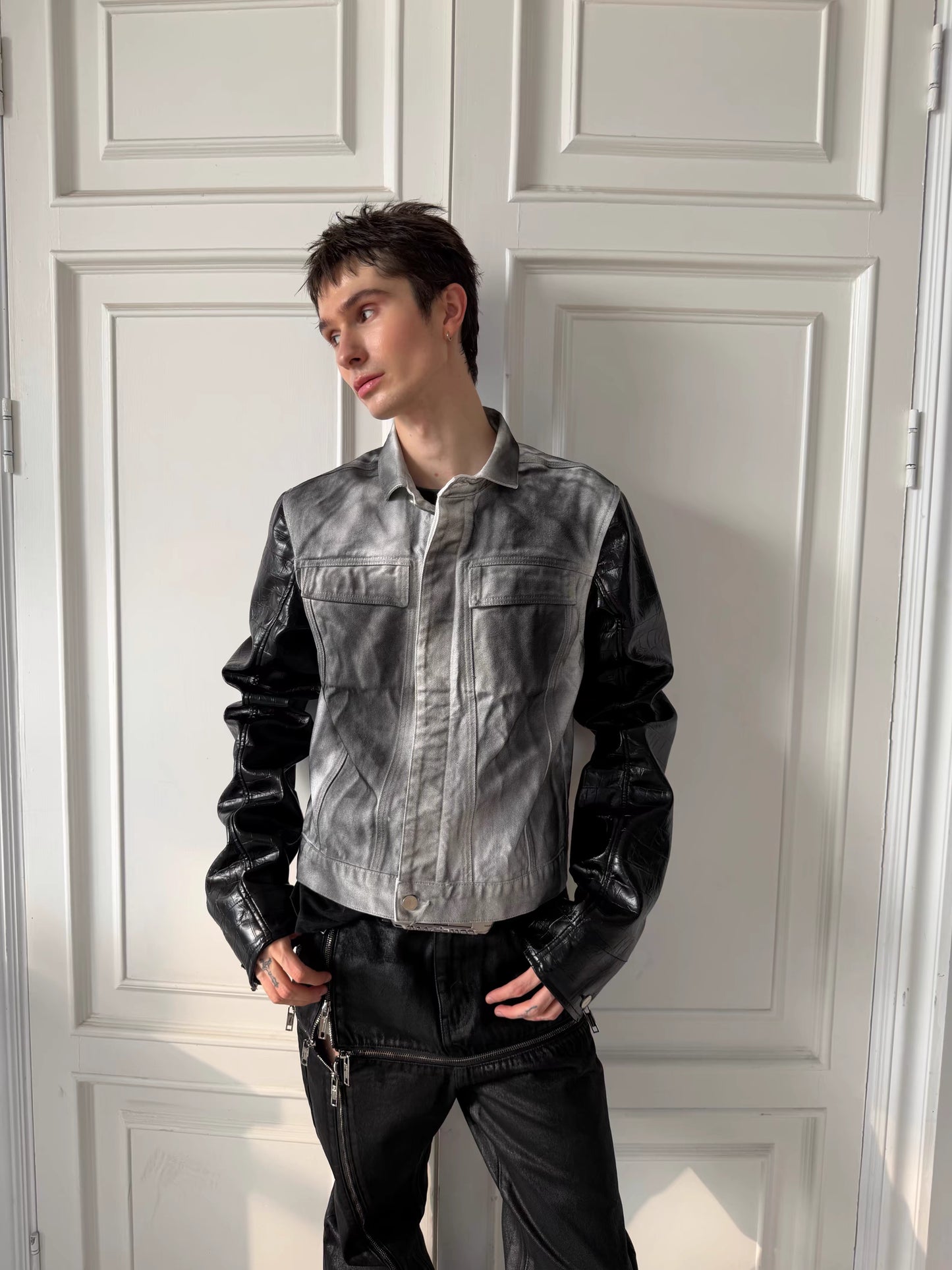 Washed Denim Contrast Faux Leather Sleeve Jacket