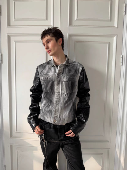 Washed Denim Contrast Faux Leather Sleeve Jacket