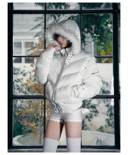 Glossy Fur Trim Hood Cropped Padded Jacket