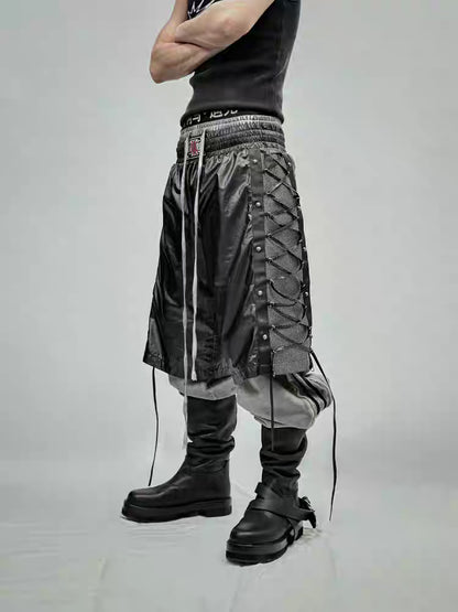 Lace-Up Strap Detail Faux Leather Wide Shorts