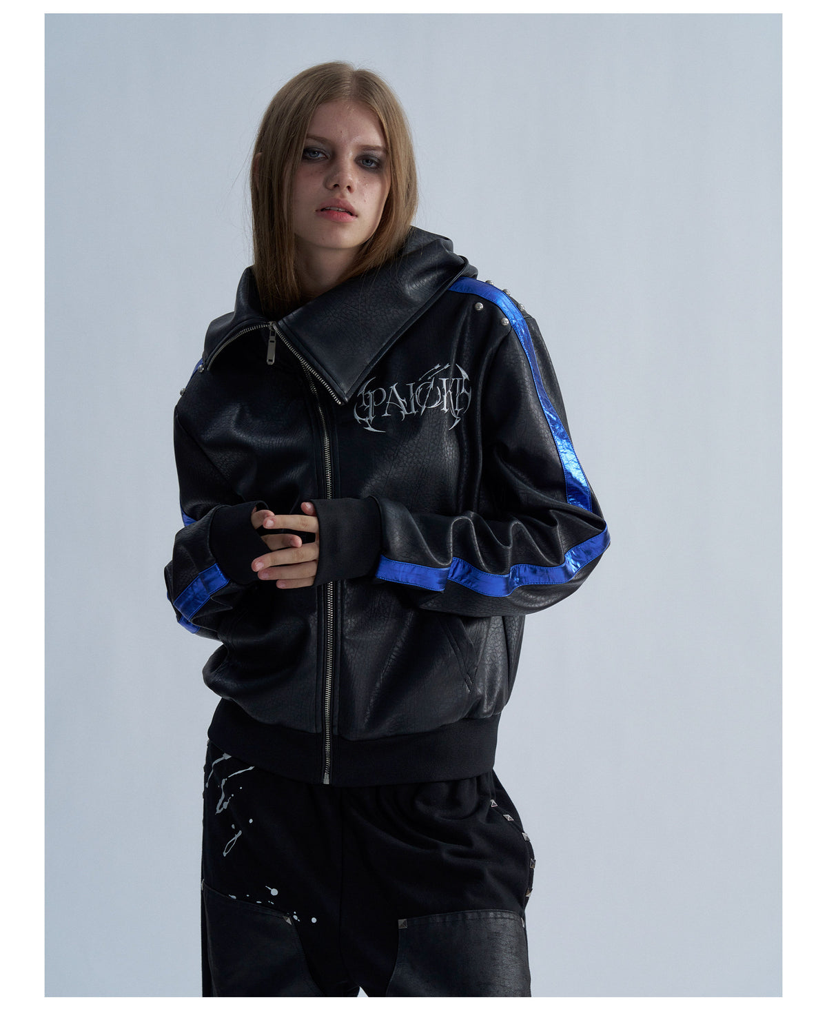 Embroidered Contrast Stripe Hooded Faux Leather Jacket