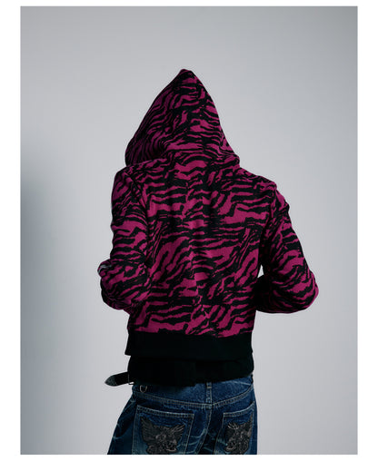 Pink Tiger Stripe Graphic Cropped Zip Hoodie
