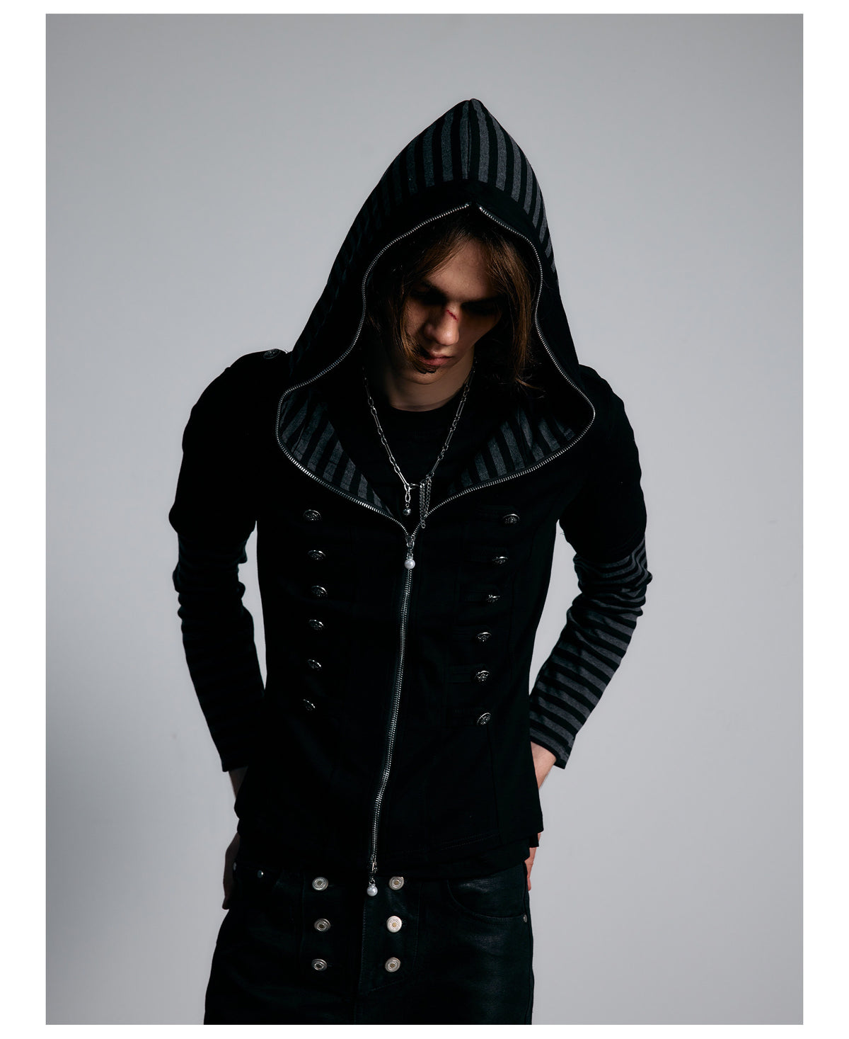 Striped Layered Sleeve Double Row Button Zip Hoodie