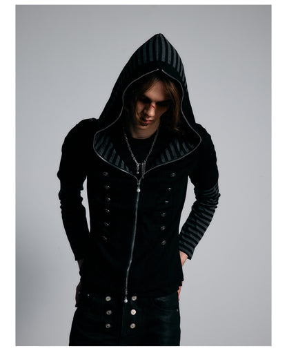 Striped Layered Sleeve Double Row Button Zip Hoodie