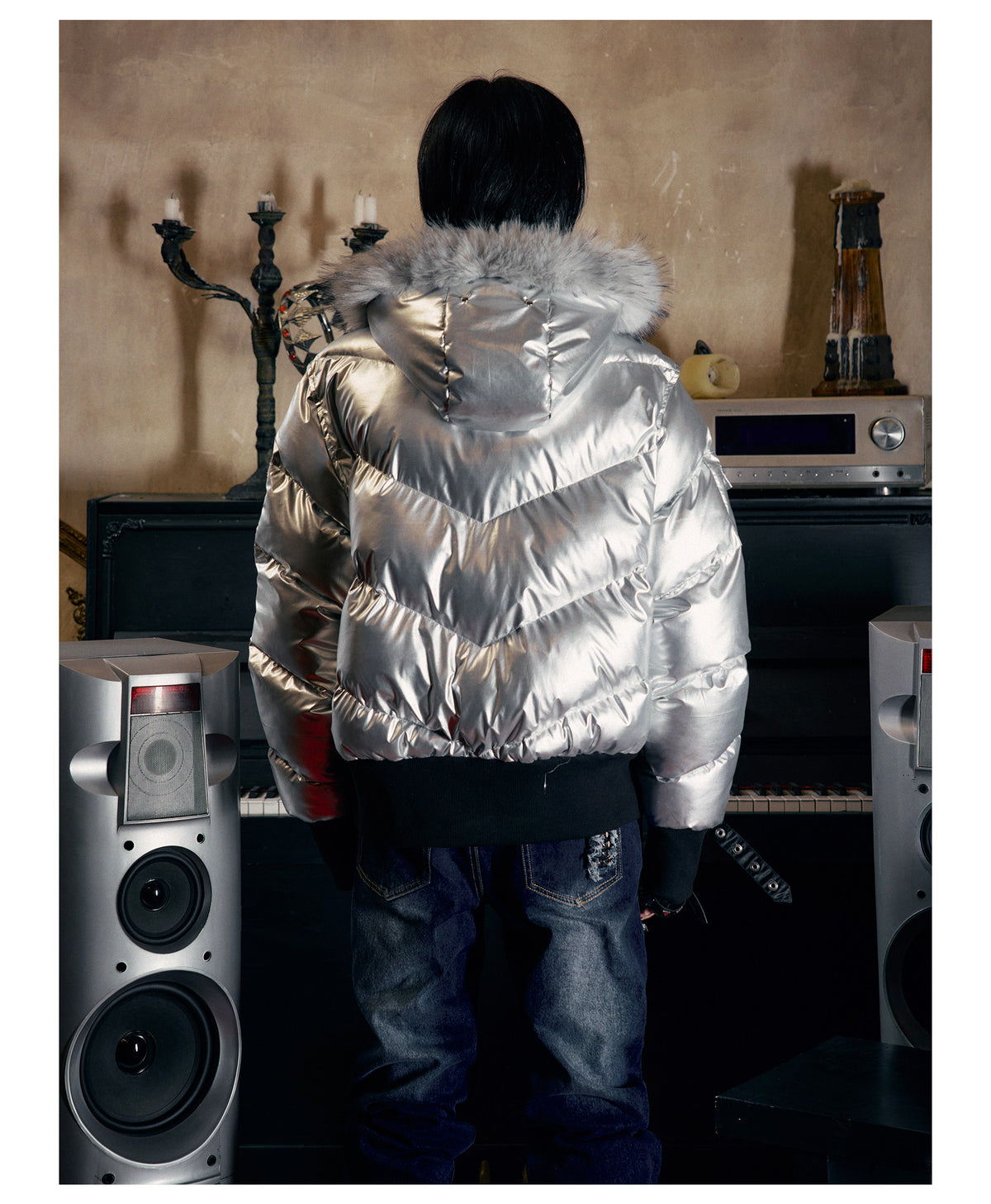 Glossy Fur Trim Hood Cropped Padded Jacket