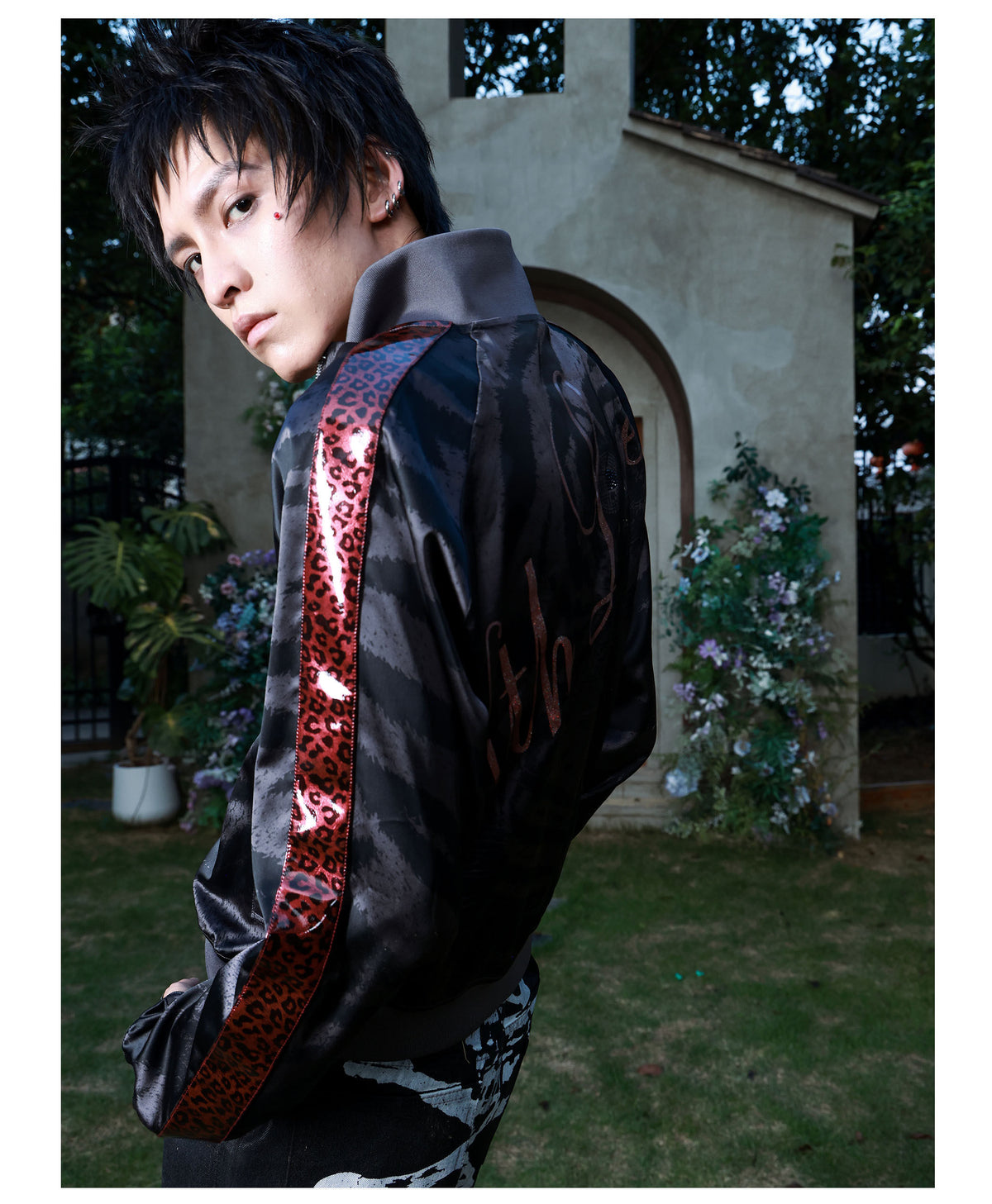 Red Tiger Stripe Panel Stand Collar Track Jacket