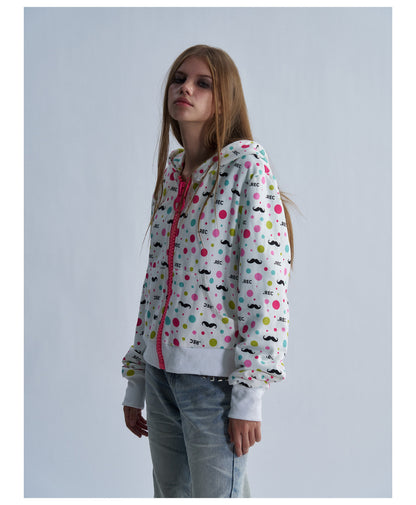 All Over Graphic Print Cropped Zip Hoodie