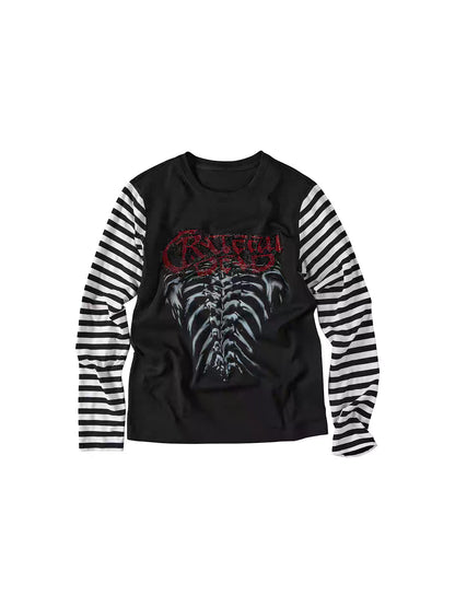 Rhinestone Graphic Striped Sleeve Long Sleeve T-Shirt