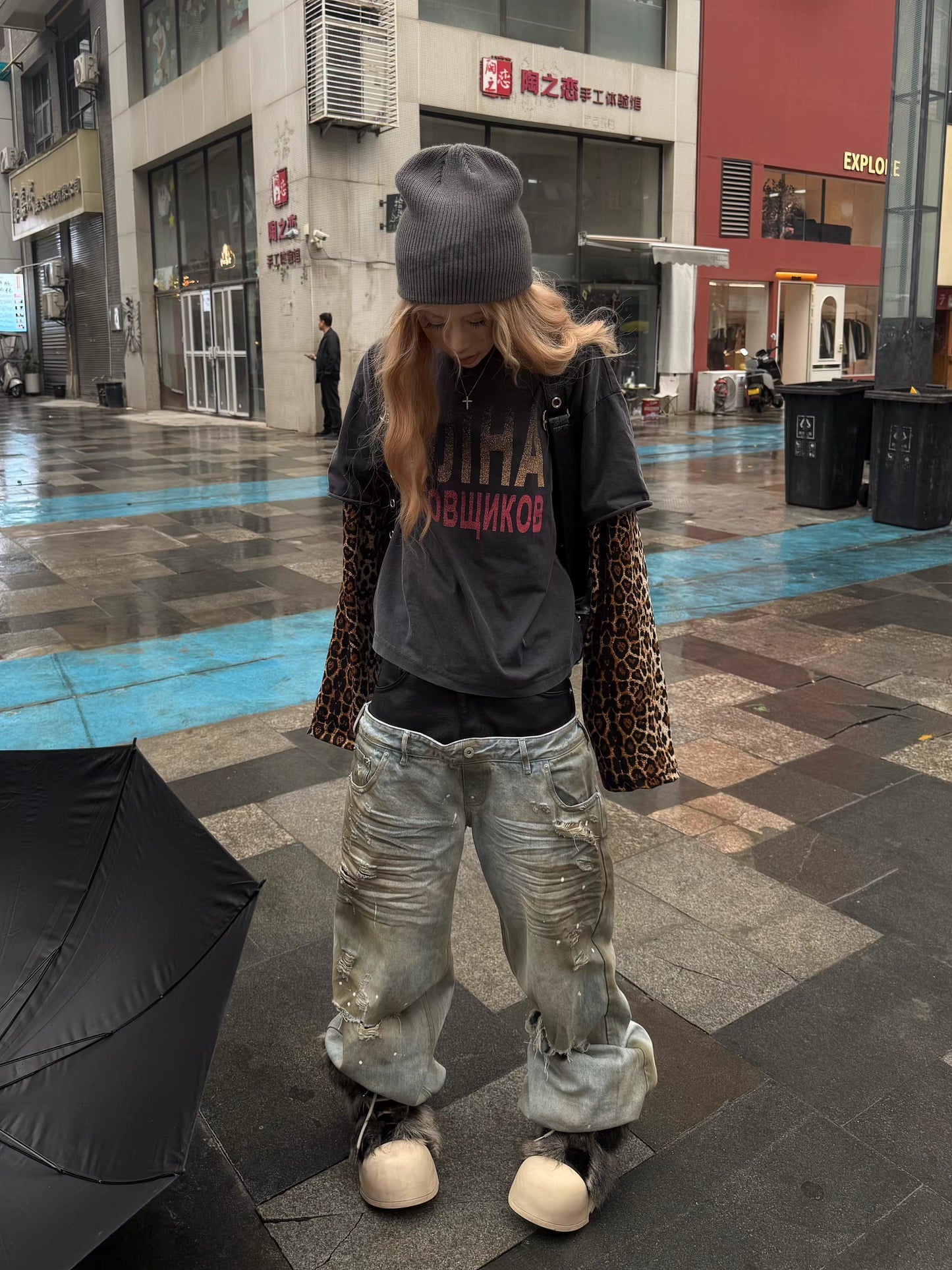 Leopard Layered Sleeve Washed Graphic T-Shirt