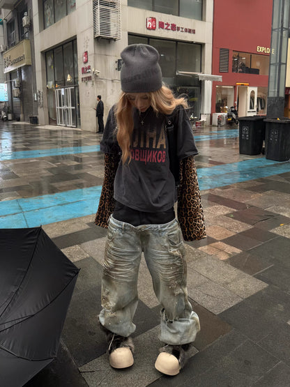 Leopard Layered Sleeve Washed Graphic T-Shirt