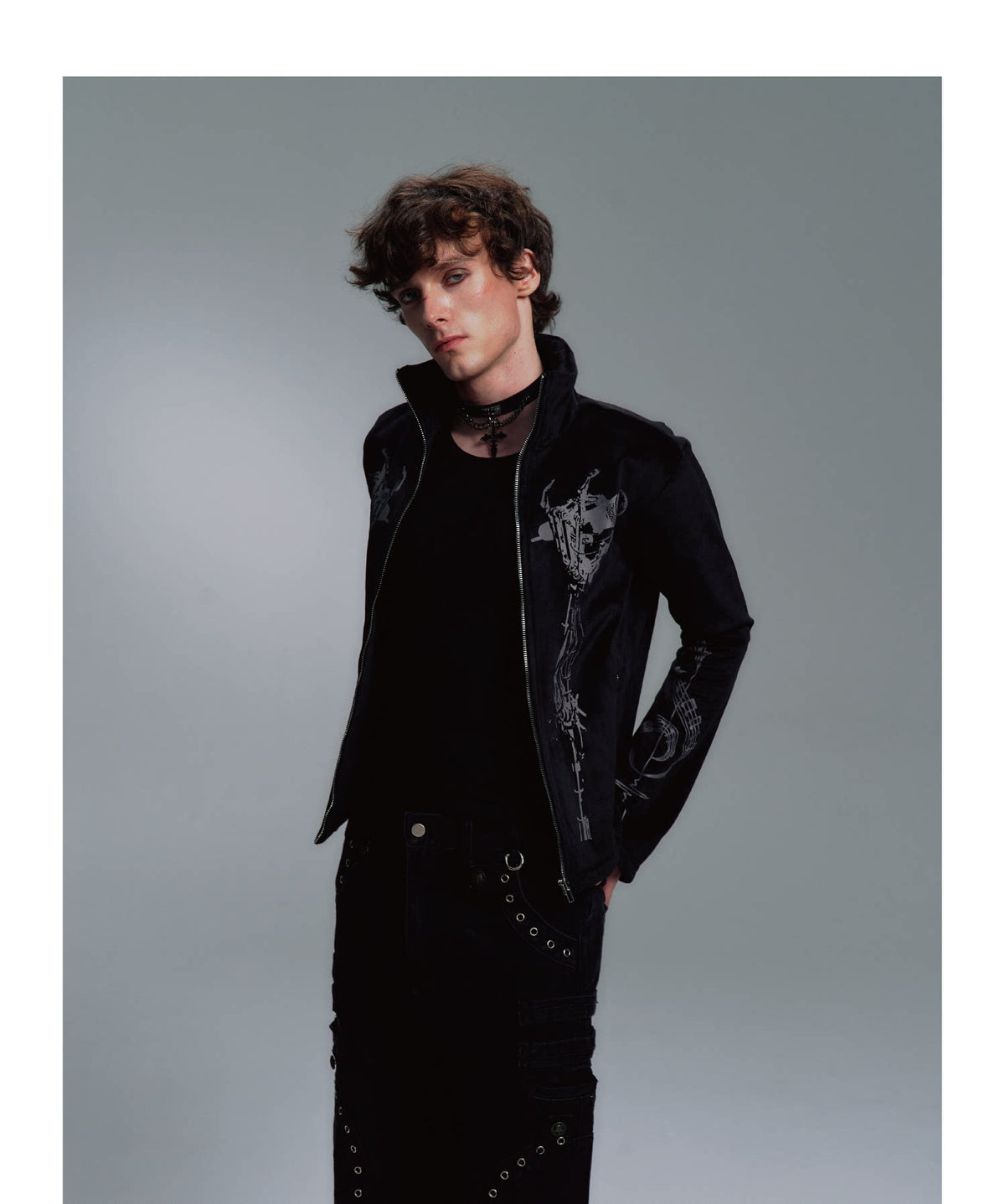 Tribal Graphic Stand Collar Flared Sleeve Velvet Zip Jacket