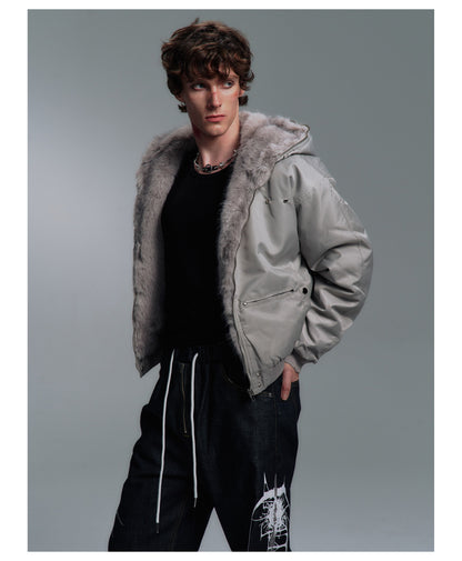 Fur Trim Hood Nylon Bomber Jacket