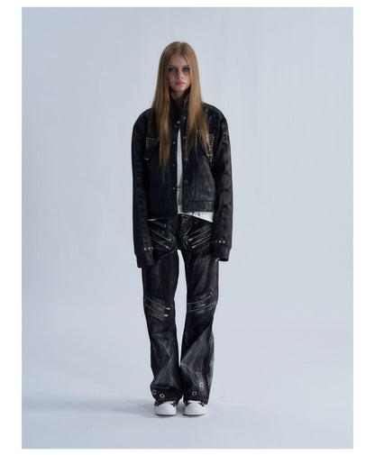 Cropped Lapel Zip Front Faux Leather Jacket