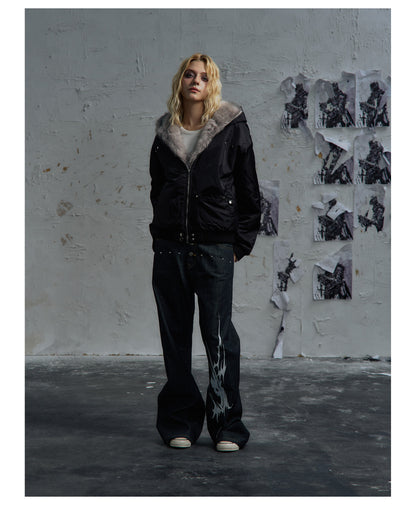 Fur Trim Hood Nylon Bomber Jacket