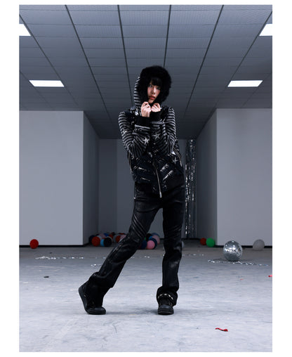 Star Embroidered Striped Fur Trim Hood Padded Jacket