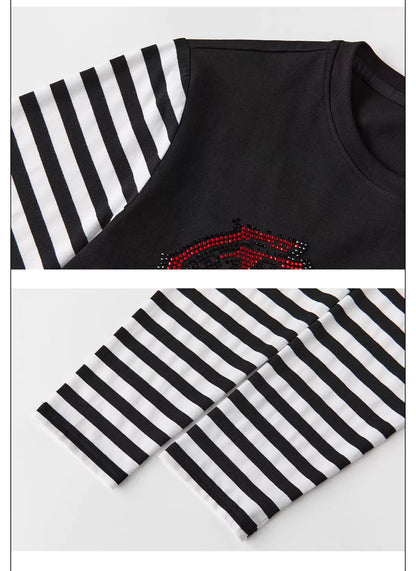 Rhinestone Graphic Striped Sleeve Long Sleeve T-Shirt