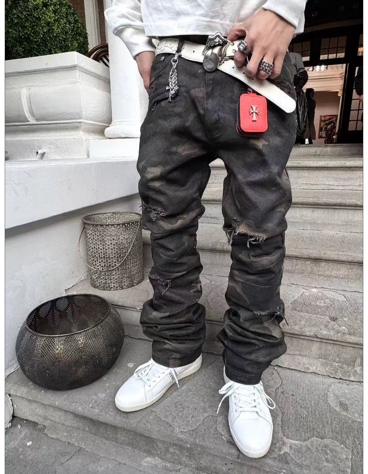 Washed Camouflage Straight-Leg Pants