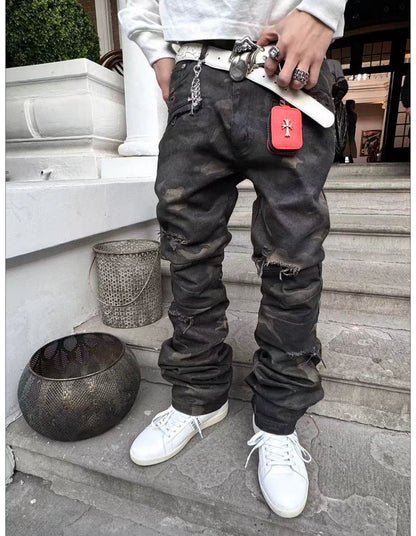 Washed Camouflage Straight-Leg Pants