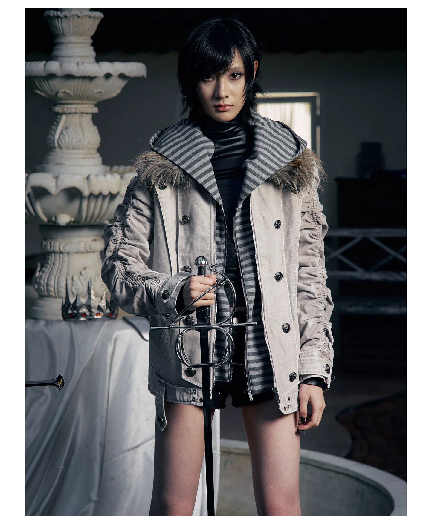 Striped Detachable Hood Double Breasted Fur Texture Jacket