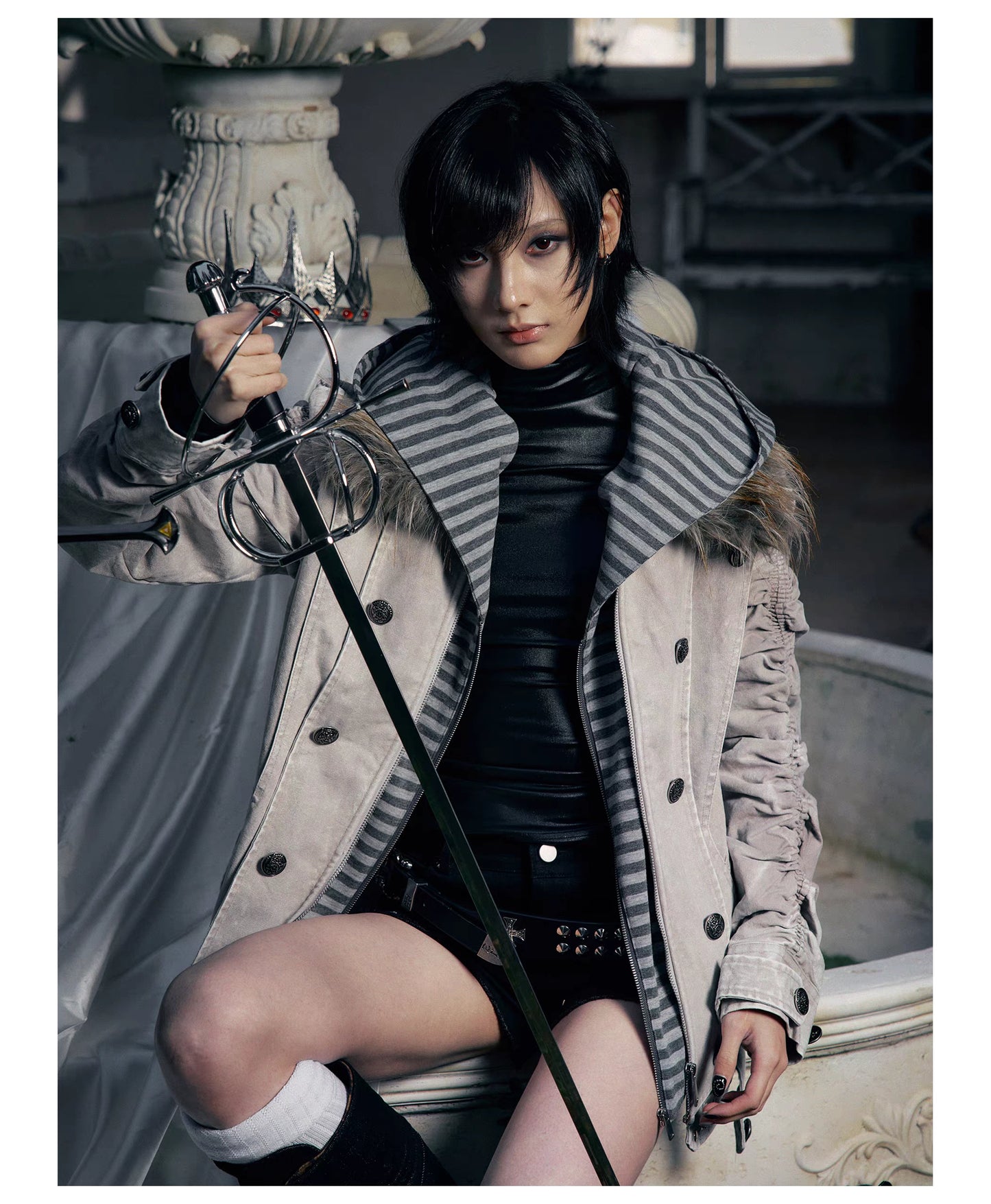 Striped Detachable Hood Double Breasted Fur Texture Jacket