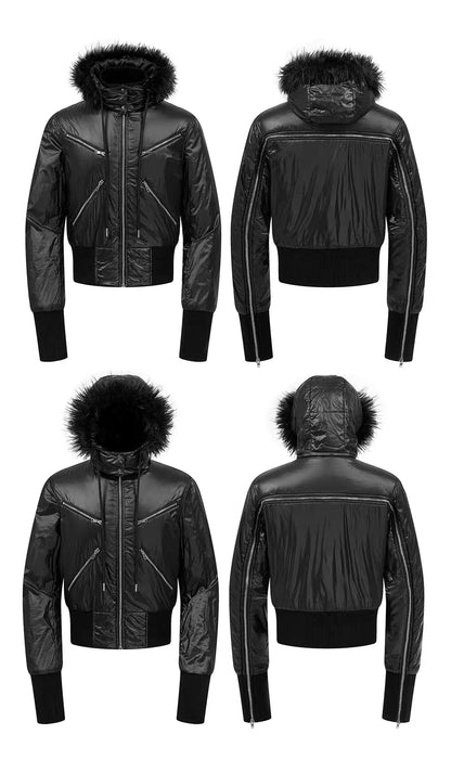 Detachable Fur Collar Cropped Bomber Jacket