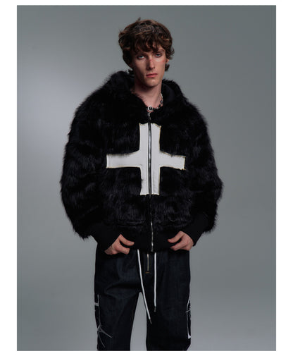 Cross Applique Studded Hood Reversible Faux Fur Jacket