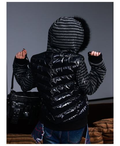 Star Embroidered Striped Fur Trim Hood Padded Jacket
