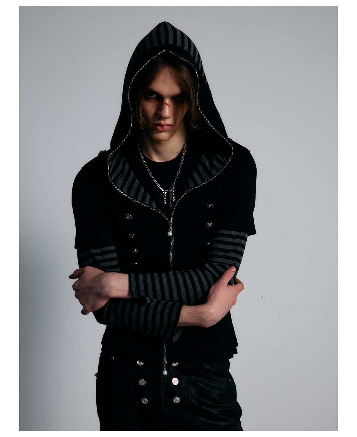 Striped Layered Sleeve Double Row Button Zip Hoodie