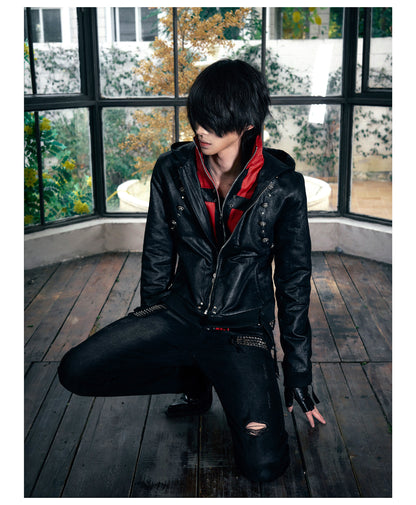 Red Contrast Strap Detail Padded Faux Leather Jacket