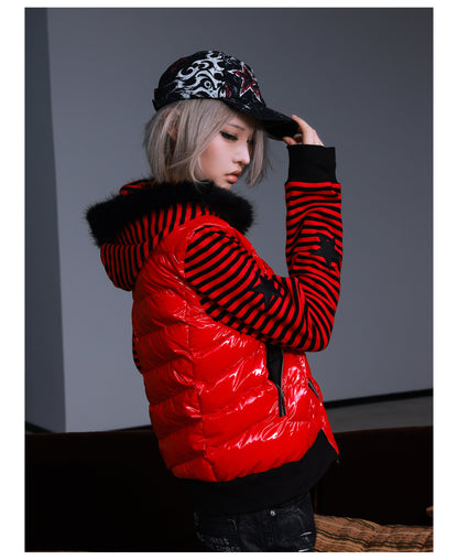 Star Embroidered Striped Fur Trim Hood Padded Jacket