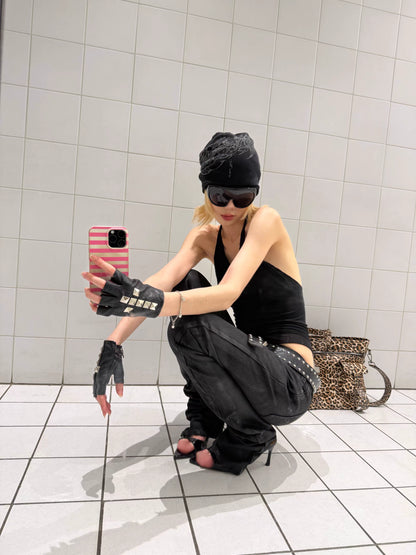 REBEL WAVE クロススタッズ レザーフィンガーレスグローブ SELFISH