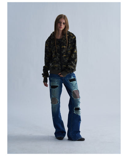 All Over Graphic Print Cropped Zip Hoodie