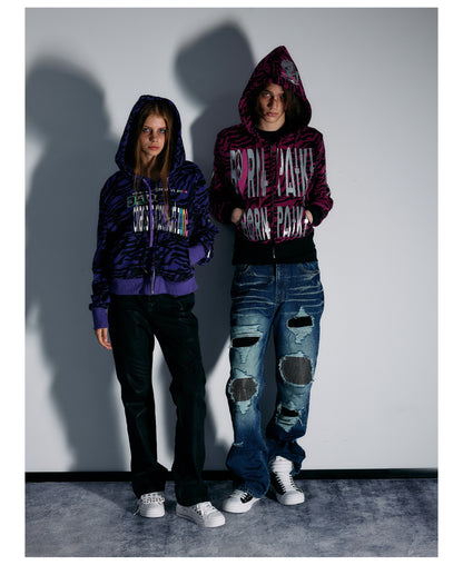 Pink Tiger Stripe Graphic Cropped Zip Hoodie