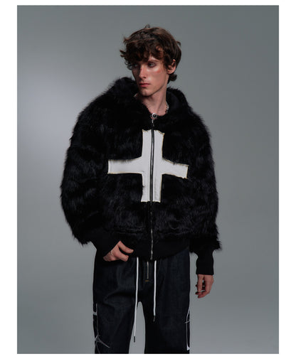 Cross Applique Studded Hood Reversible Faux Fur Jacket