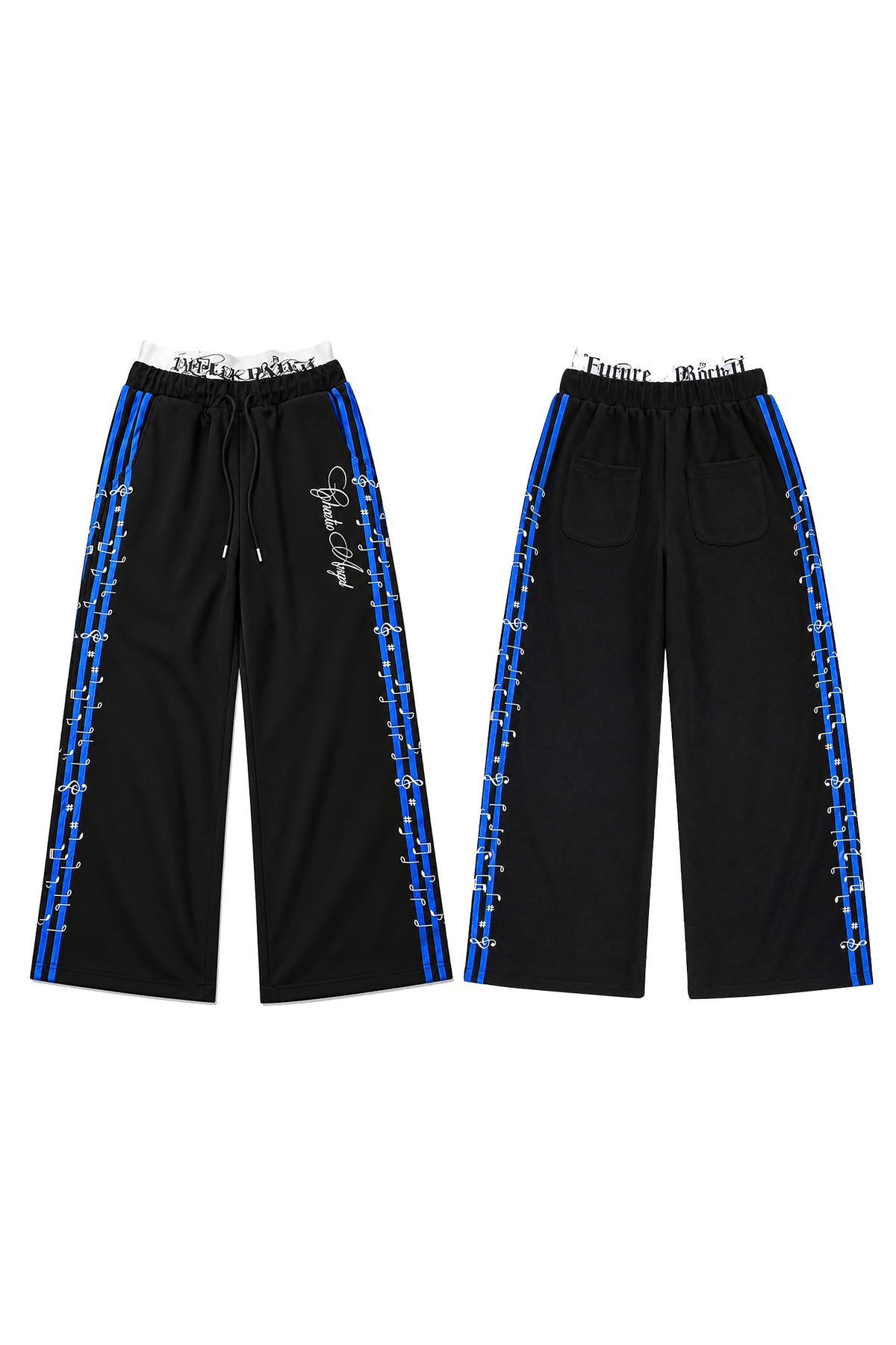 Blue Stripe Music Note Embroidered Zip Hoodie & Wide Pants