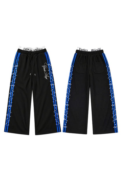 Blue Stripe Music Note Embroidered Zip Hoodie & Wide Pants