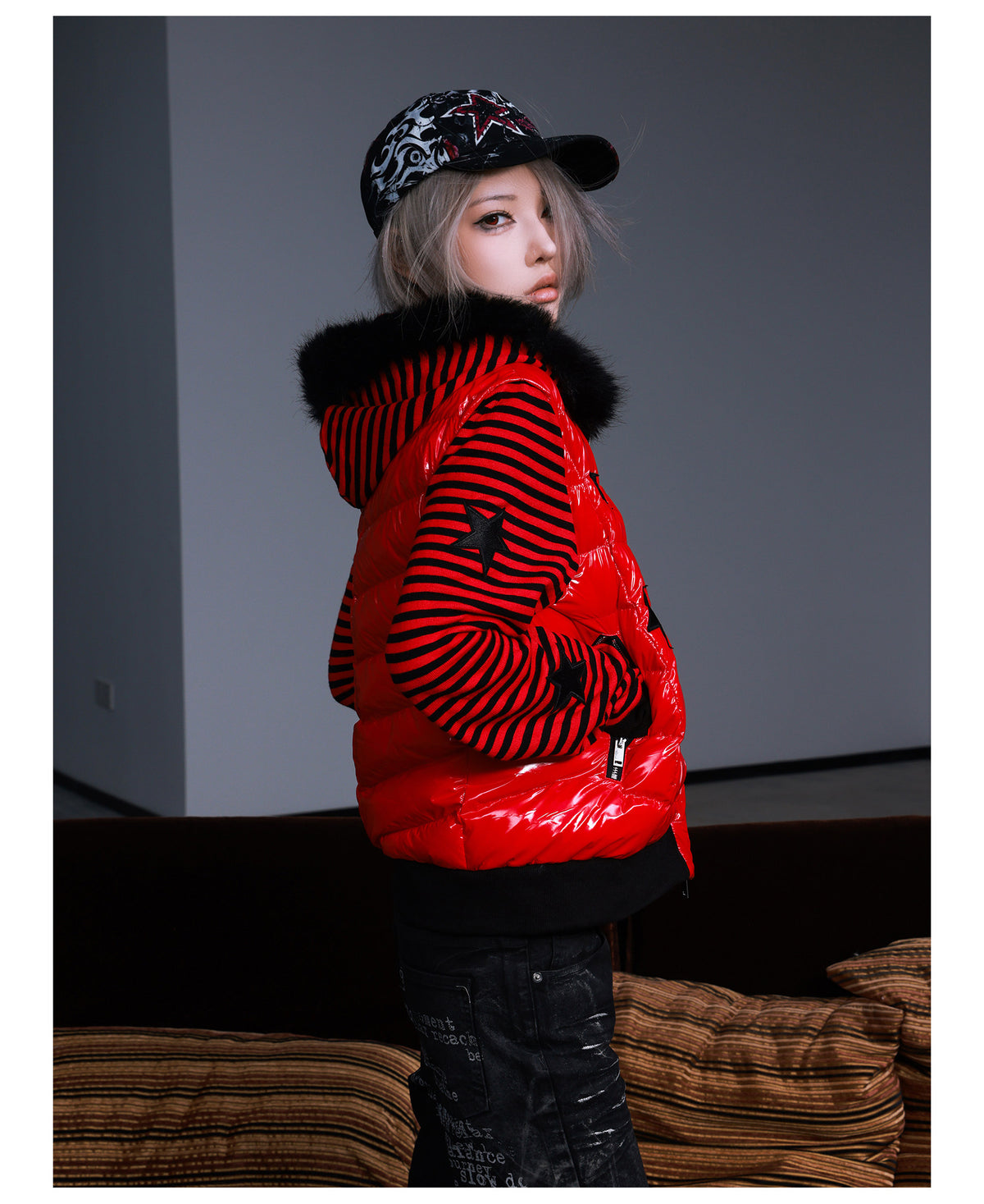Star Embroidered Striped Fur Trim Hood Padded Jacket