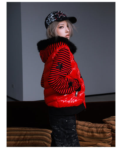 Star Embroidered Striped Fur Trim Hood Padded Jacket