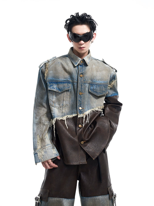 STARTEXCEEDEND Patchwork Leather Denim Jacket