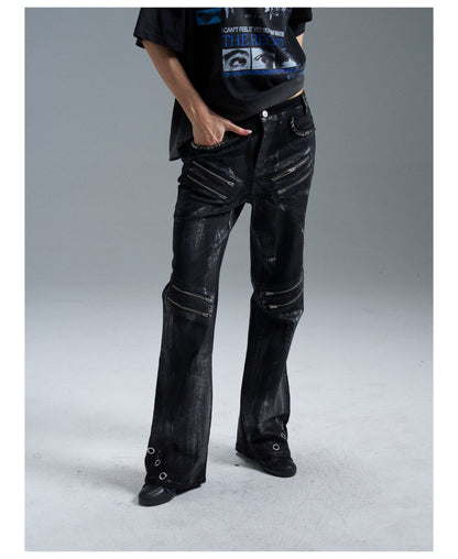 Multi Zip Eyelet Washed Black Flared Jeans