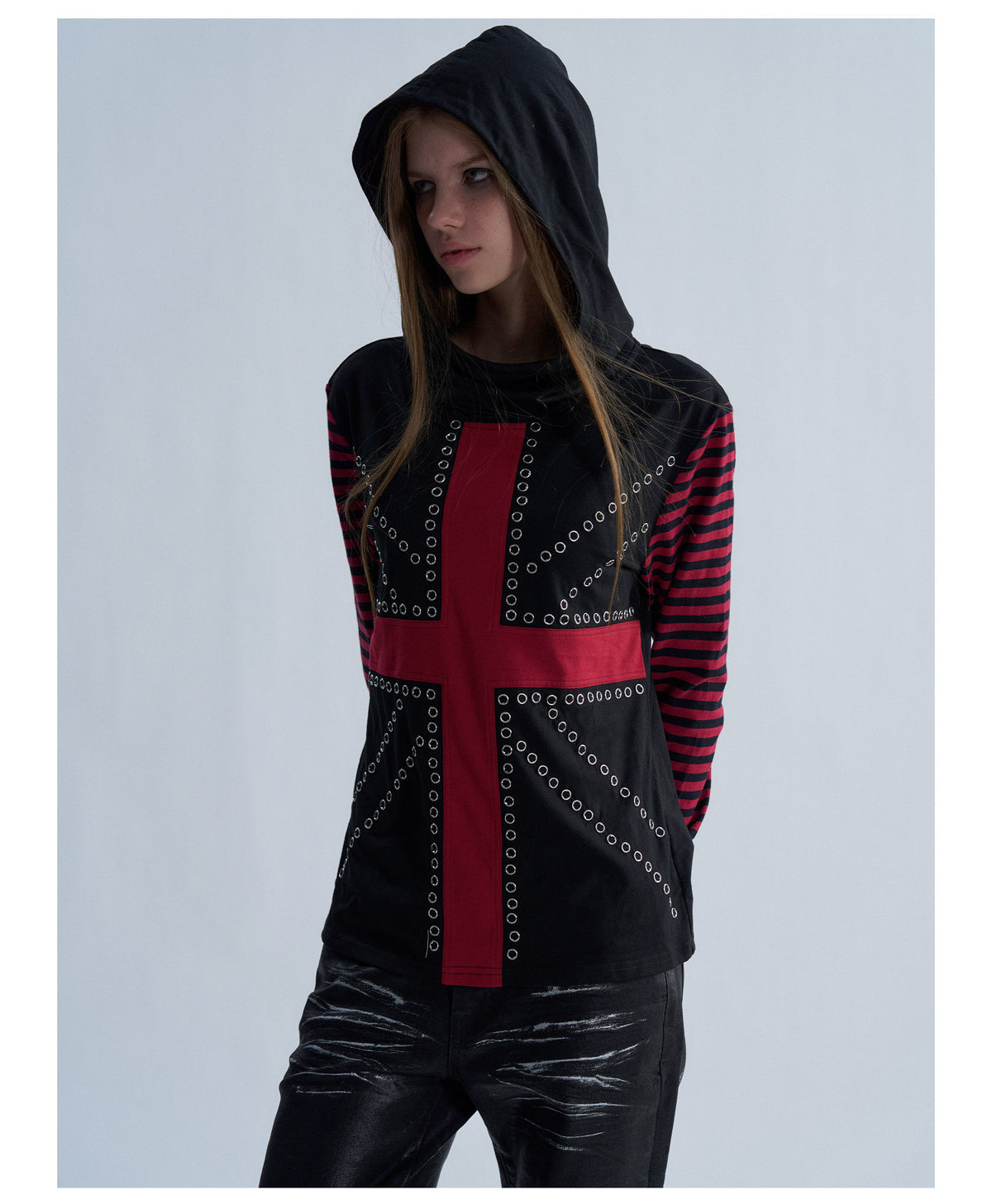 Rhinestone Cross Striped Sleeve Hooded Long Sleeve Top