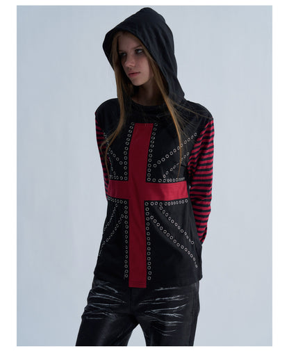 Rhinestone Cross Striped Sleeve Hooded Long Sleeve Top
