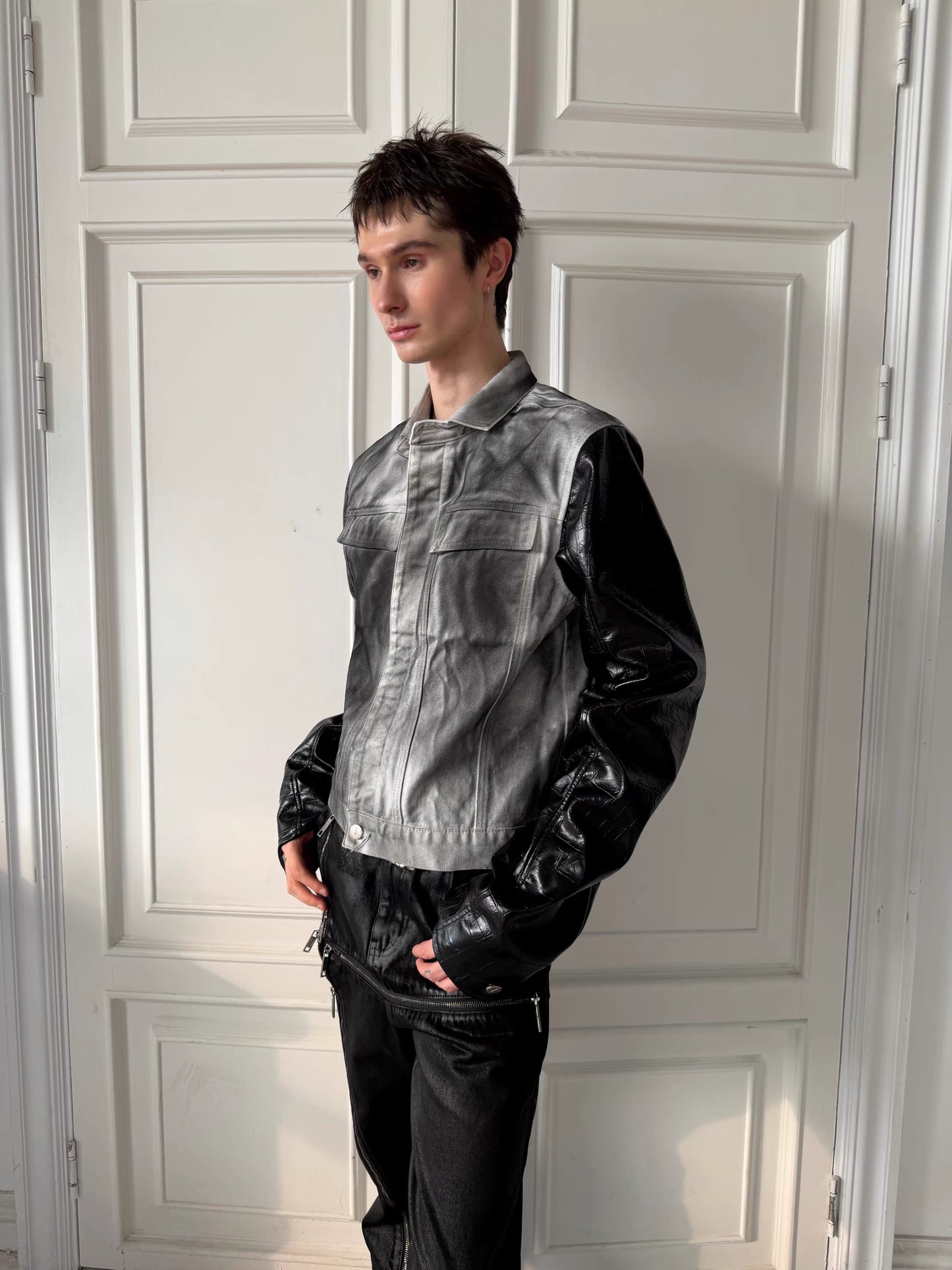 Washed Denim Contrast Faux Leather Sleeve Jacket