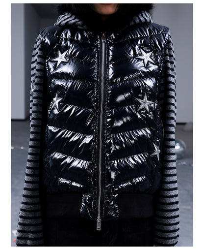 Star Embroidered Striped Fur Trim Hood Padded Jacket