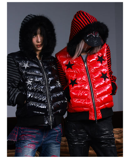 Star Embroidered Striped Fur Trim Hood Padded Jacket
