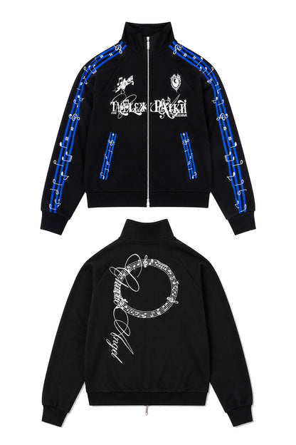 Blue Stripe Music Note Embroidered Zip Hoodie & Wide Pants