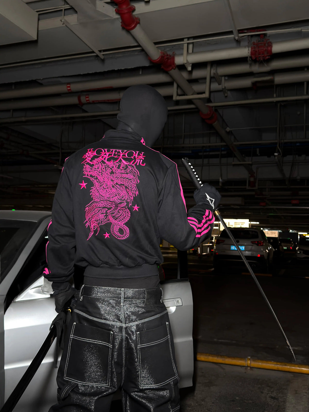 Pink Dragon Embroidered Cropped Track Jacket