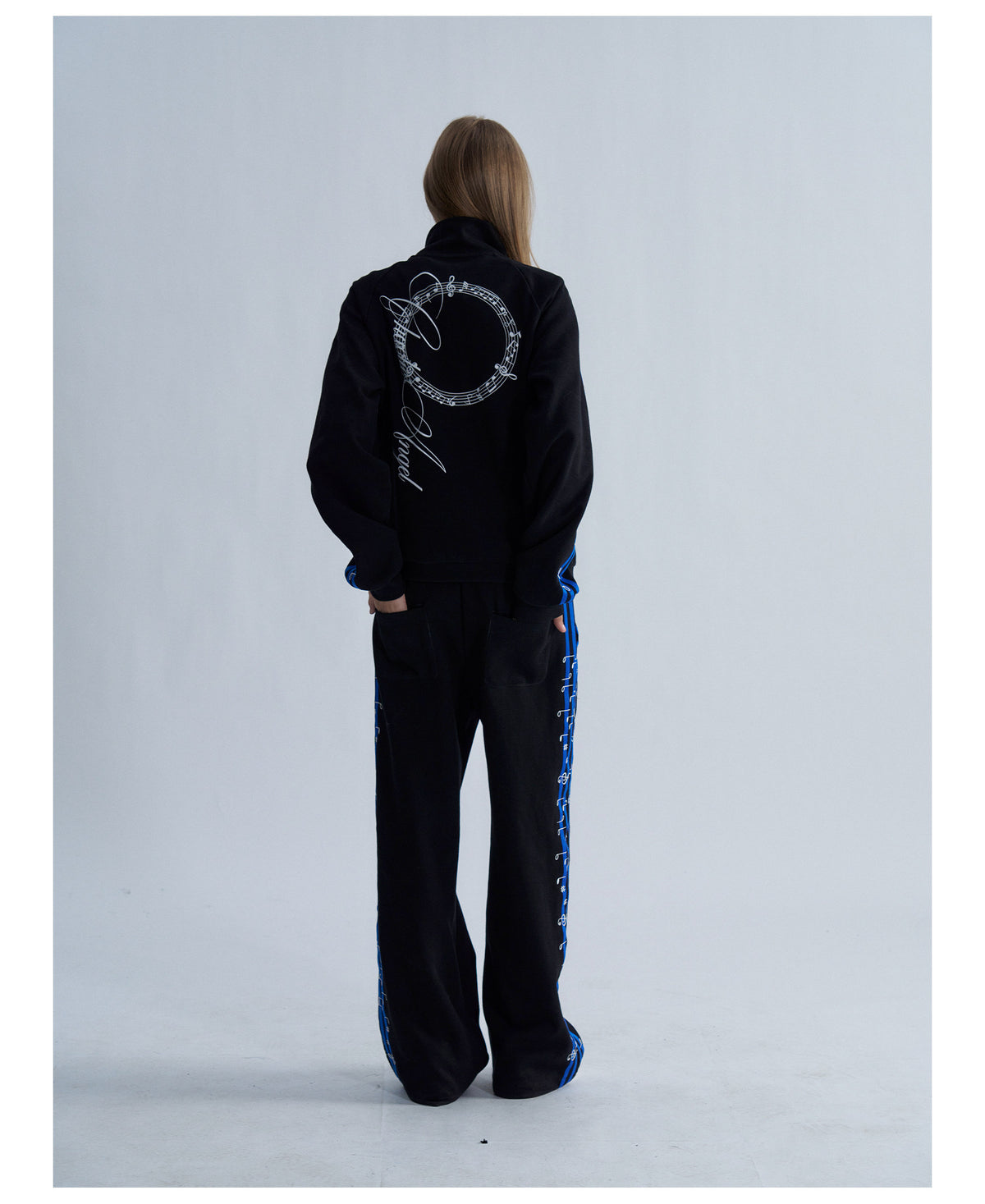 Blue Stripe Music Note Embroidered Zip Hoodie & Wide Pants
