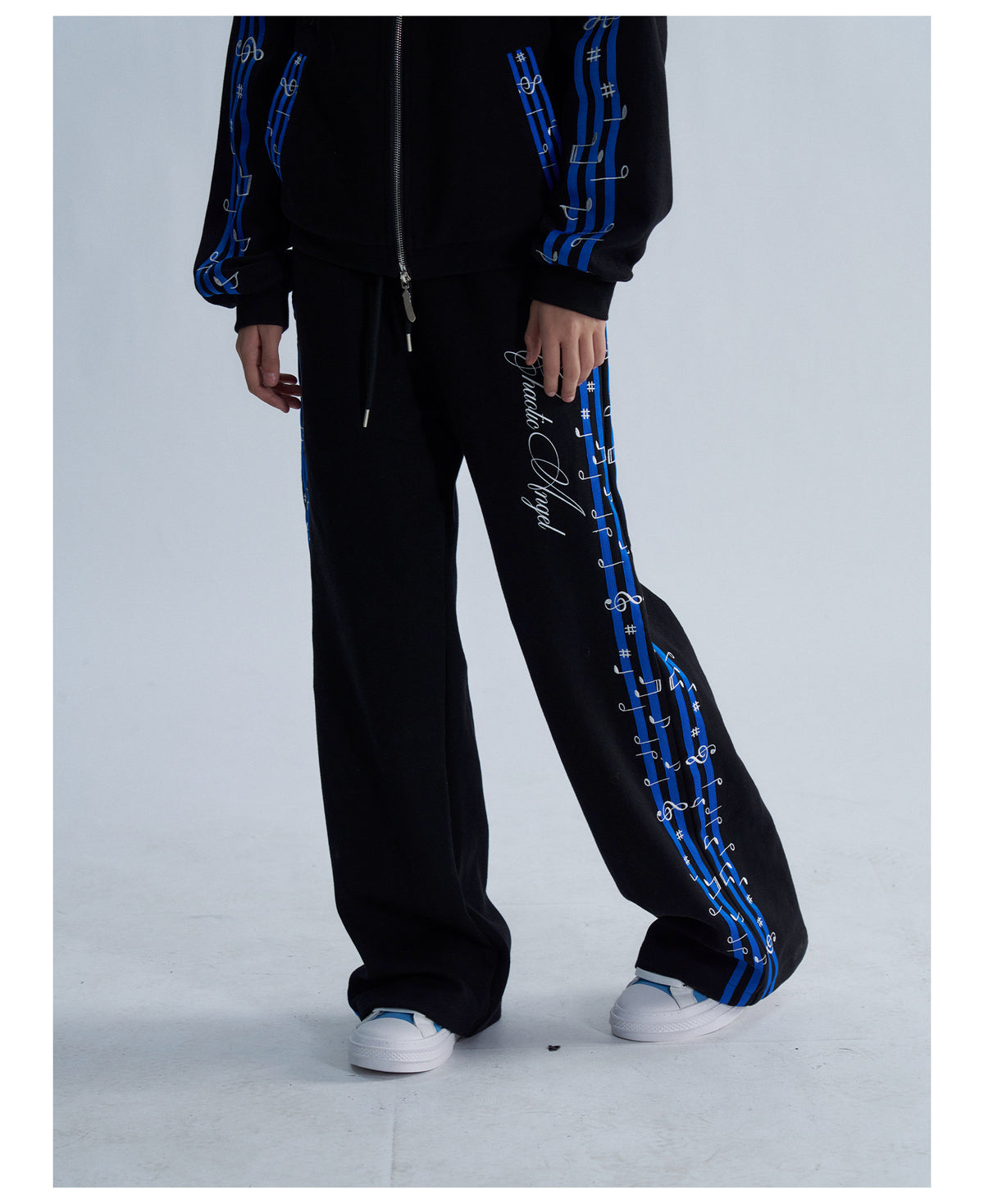 Blue Stripe Music Note Embroidered Zip Hoodie & Wide Pants